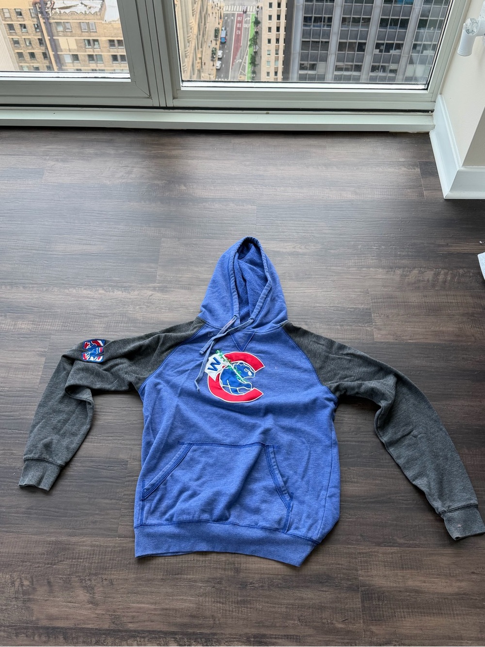 Blue and Charcoal Crewneck Hoodie Sweatshirt with Graphic Patch